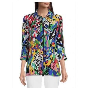 Ali Miles Womens XL Bright Artsy Print C'est La Vie Button Front Top 3/4 Sleeve
